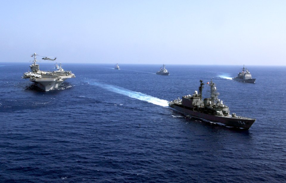 US Navy 090212-N-6538W-003 U.S. and Japanese ships transit in formation with the Nimitz-class aircraft carrier USS John C. Stennis (CVN 74)