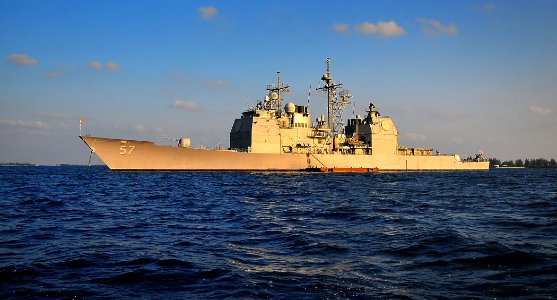 US Navy 090217-N-4774B-015 USS Lake Champlain (CG 57) anchors off the coast of Gan photo