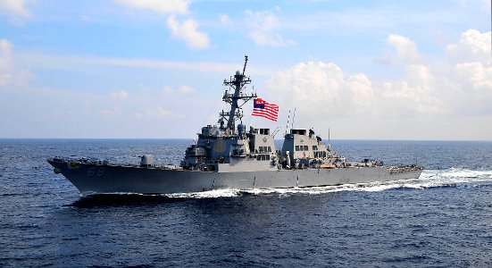 US Navy 090213-N-4774B-028 The guided-missile destroyer USS The Sullivans (DDG 68) flies the ship's battle flags during exercises at sea
