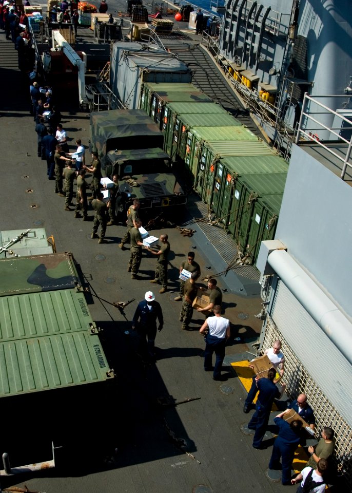 US Navy 090216-N-1251W-130 Sailors and Marines aboard the amphibious dock landing ship USS Harpers Ferry (LSD 49) form a working party to move stores from the ship's flight deck during a vertical replenishment