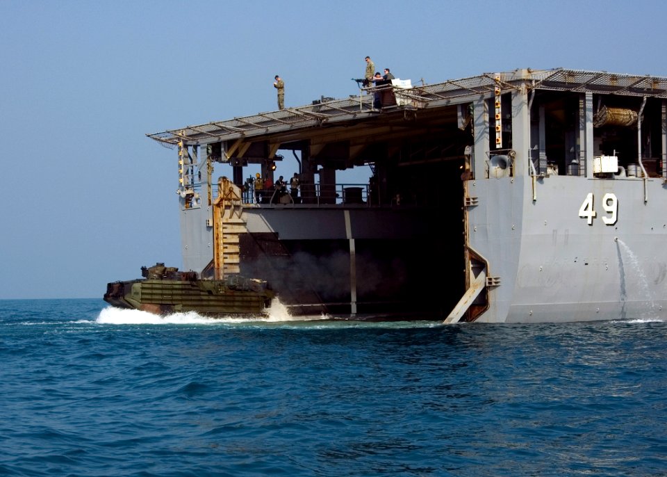US Navy 090213-N-1251W-018 An amphibious assault vehicle assigned to the 31st Marine Expeditionary Unit (MEU) launches from the well deck of the amphibious dock landing ship USS Harpers Ferry (LSD 49) during Exercise Cobra Gold