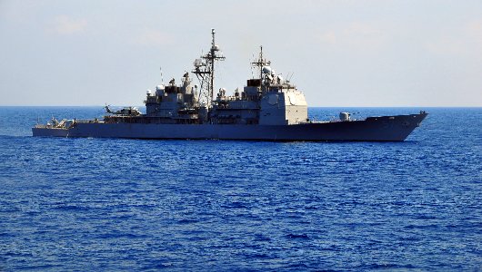 US Navy 090213-N-4774B-177 The guided-missile cruiser USS Lake Champlain (CG 57) performs maneuvers as part of a training exercise