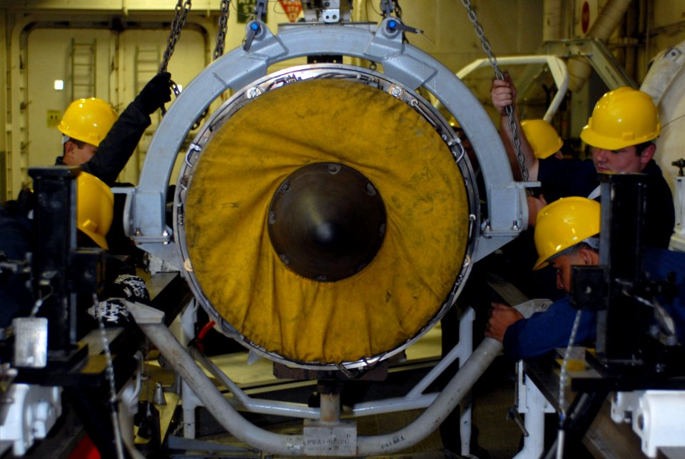 US Navy 090218-N-3946H-033 Sailors secure an EA-6B Prowler engine in its cradle