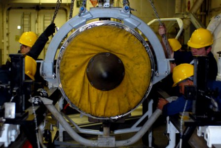 US Navy 090218-N-3946H-033 Sailors secure an EA-6B Prowler engine in its cradle photo