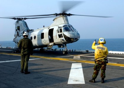 US Navy 090213-N-5215E-056 Aviation Boatswain's Mate (Handling) 2nd Class Kaylyn Henderson signals for a CH-46E Seaknight to turn off its engine