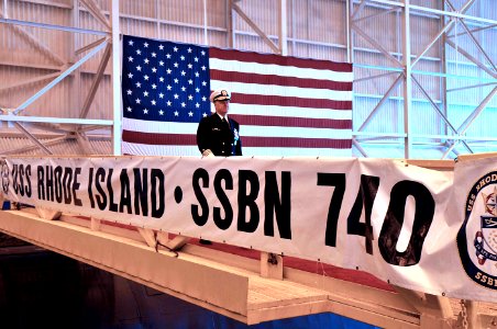 US Navy 090219-N-8273J-236 Dignitaries and guests stand during the national anthem at the start of the 1000th Trident Patrol Commemoration Ceremony at Naval Submarine Base, Kings Bay