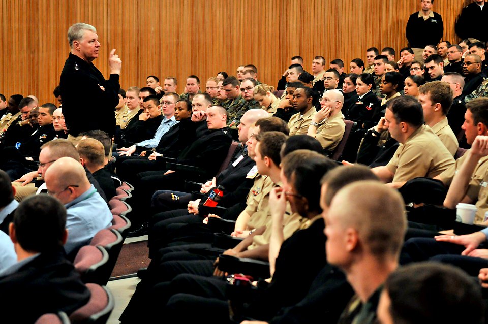 US Navy 090217-N-8273J-079 Chief of Naval Operations (CNO) Adm. Gary Roughead answers questions during an all-hands call at the Naval Base Kitsap base theater in Bangor, Wash