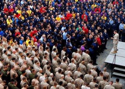 US Navy 090218-N-5681S-009 Vice Adm. Bill Gortney, commander, U.S. Naval Forces Central Command and U.S. 5th Fleet, speaks to Sailors and Marines during an all-hands call on the flight deck of the amphibious assault ship USS Iw