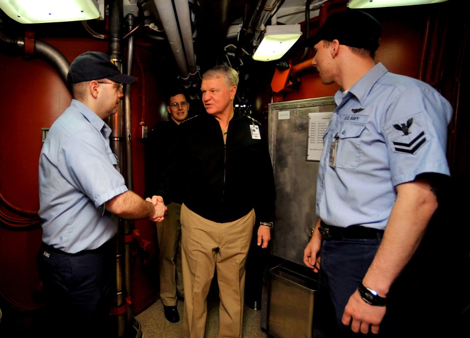 US Navy 090217-N-8273J-153 Chief of Naval Operations (CNO) Adm. Gary Roughead speaks with crewmembers aboard the ballistic-missile submarine USS Louisiana (SSBN 743) while visiting Naval Base Kitsap