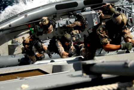 US Navy 090219-N-6278K-024 - VBSS assigned to the Danish flexible support ship HDMS Absalon (L 16) boards USS Vella Gulf (CG 72)