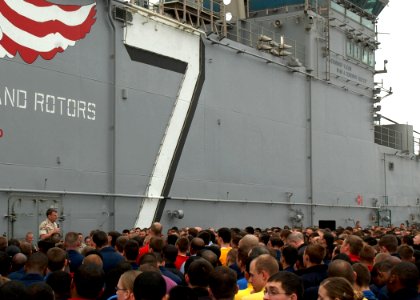 US Navy 090218-N-4236E-065 Vice Adm. Bill Gortney, commander, U.S. Naval Forces Central Command and U.S. 5th Fleet, speaks to Sailors and Marines during an all-hands call on the flight deck of the amphibious assault ship USS Iw