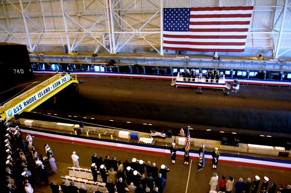 US Navy 090219-N-9818V-375 Dignitaries and guests stand during the national anthem at the start of the 1000th Trident Patrol Commemoration Ceremony at Naval Submarine Base, Kings Bay