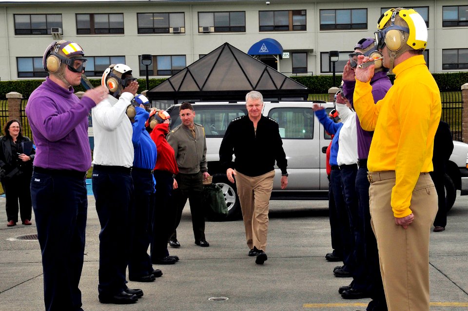 US Navy 090218-N-8273J-121 Chief of Naval Operations (CNO) Adm. Gary Roughead receives sideboy honors at the conclusion of a visit to Naval Air Station Whidbey Island