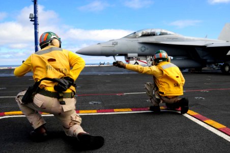 US Navy 090225-N-3946H-054 Lt. Cmdr. Noah Bellringer and Lt. Lee Zaltsman give the launch signal to an F-A-18F Super Hornet
