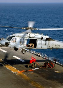 US Navy 090223-N-4236E-092 Sailors hook cargo to an MH-60S Sea Hawk helicopter