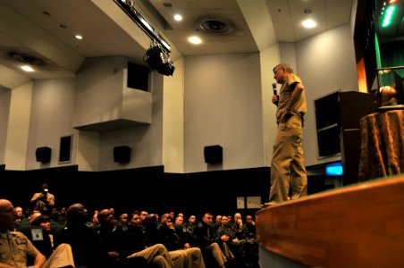 US Navy 090226-N-0807W-083 Rear Adm. James Kelly ddresses Sailors and civilians from Fleet Activities Sasebo