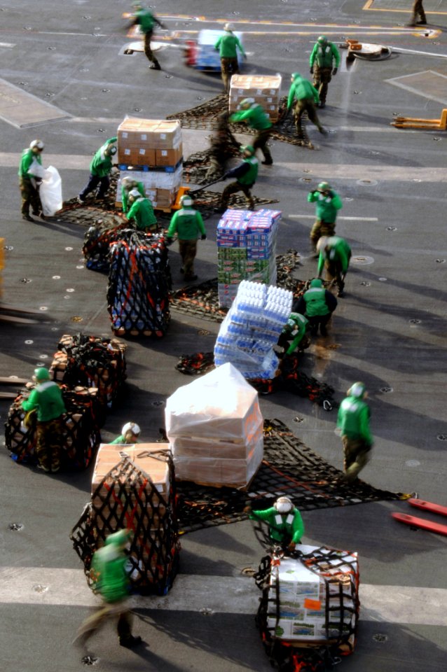 US Navy 090226-N-9760Z-036 Sailors move cargo aboard USS Nimitz (CVN 68)