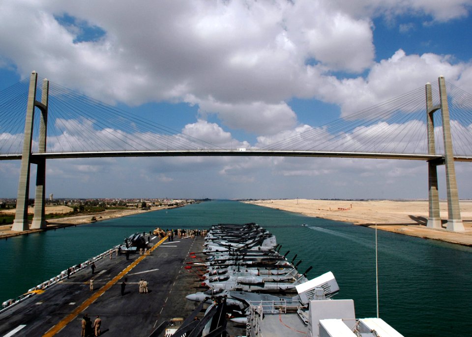 US Navy 090301-N-4236E-070 The multi-purpose amphibious assault ship USS Iwo Jima (LHD 7) passes under the Mubarak Peace Bridge while transiting the Suez Canal