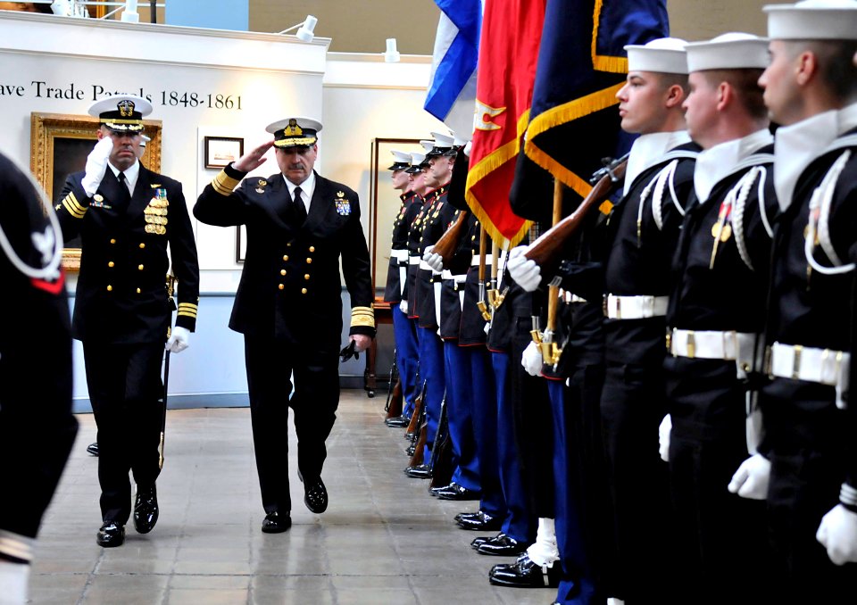 US Navy 090226-N-8273J-133 Vice Adm. Georgios Karamalikis is escorted by Cmdr. Chris Higginbotham during a full honors ceremony at Washington Navy Yard's Navy Museum