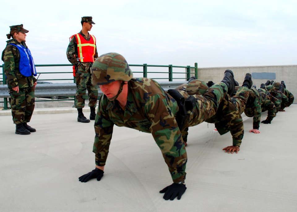 US Navy 090227-N-4044H-002 Security personnel assigned to Naval Support Activity Naples participate in team pushups during a team-building obstacle course at Naval Support Activity Naples