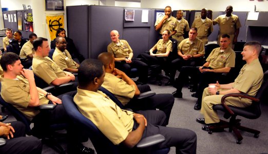US Navy 090302-N-7948R-001 Master Chief Petty Officer of the Navy (MCPON) Rick D. West speaks with Cyberspace recruiters about bringing qualified people into the Navy during a visit to Navy Recruiting Command