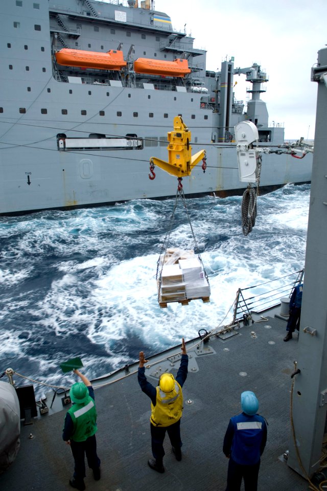 US Navy 090304-N-9123L-003 Sailors aboard the guided-missile destroyer USS John S. McCain (DDG 56) receive a pallet of supplies from the Military Sealift Command Dry Cargo-Ammunition ship USNS Alan Shepard (T-AKE 3)