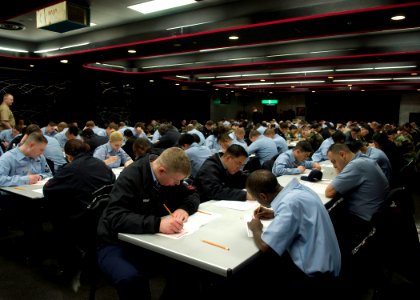US Navy 090305-N-2013O-012 Sailors from various Fleet Activities Yokosuka commands begin the Navy-wide E-6 advancement exam. Participants are given three hours to complete the 200-question test