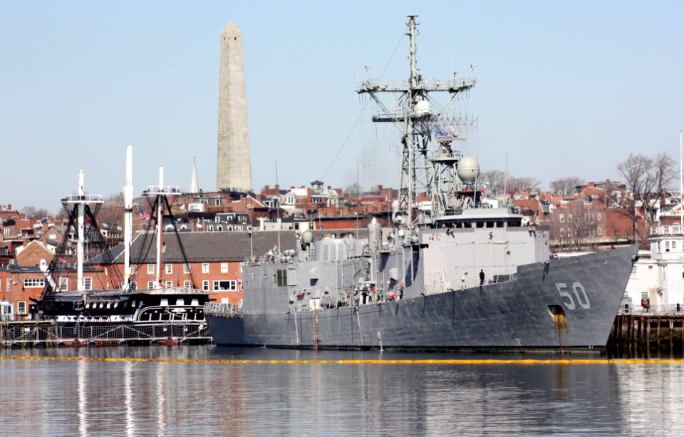 US Navy 090313-N-8110K-029 The guided-missile destroyer USS Taylor (FFG 50) shares the pier with USS Constitution at the Charlestown Navy Yard