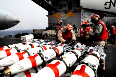 US Navy 090316-N-6046S-005 Aviation Ordnancemen inspect MK-62 mines on the flight deck of the aircraft carrier USS John C. Stennis (CVN 74) in preparation for loading onto aircraft as part of Exercise Foal Eagle 2009