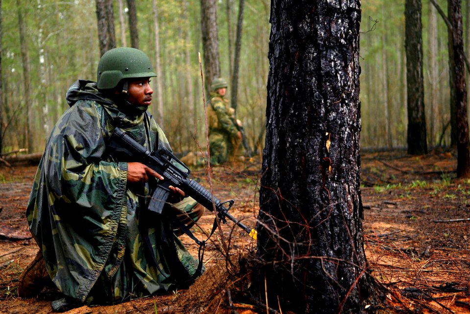 US Navy 090316-N-3674H-139 Builder 3rd Class Maurice Clardy, assigned to Naval Mobile Construction Battalion (NMCB) 74, patrols during a field training exercise at Camp Shelby, Miss
