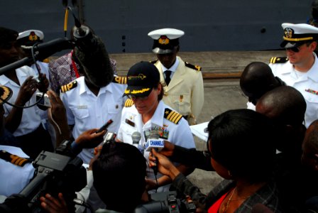 US Navy 090317-N-1688B-142 Capt. Cindy Thebaud, commander, Africa Partnership Station, speaks to Nigerian media about Africa Partnership Station plans for Nigeria during the amphibious transport dock ship USS Nashville (LPD 13)