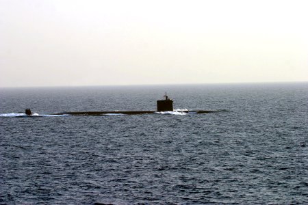 US Navy 090320-N-XXXXX-001 The Los Angeles-class attack submarine USS Hartford (SSN 768) is underway in the Persian Gulf after a collision with the amphibious transport dock ship USS New Orleans (LPD 18)