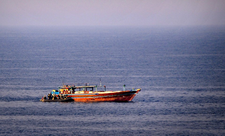 US Navy 090319-N-4774B-078 A visit, board, search, and seizure team from the guided-missile cruiser USS Lake Champlain (CG 57) visits a Dhow during an approach and assist visit