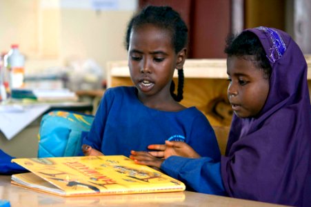 US Navy 090324-N-9552I-051 Local Djiboutian students from the Chabellier School read newly donated educational books