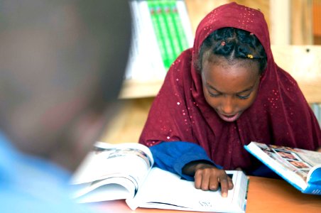 US Navy 090324-N-9552I-067 Local Djiboutian students from the Chabellier School read newly donated educational books