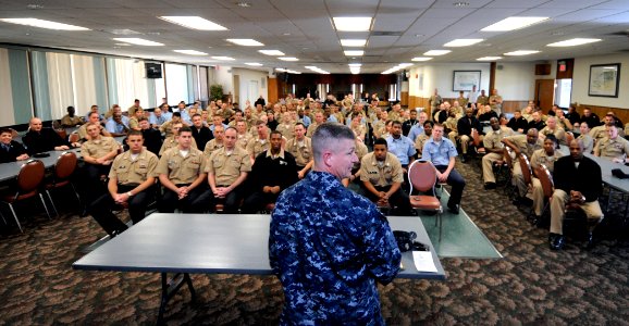 US Navy 090330-N-5328N-793 Master Chief Petty Officer of the Navy (MCPON) Rick D. West speaks to Sailors at the Center for Information Dominance Corry Station Crosswinds Club