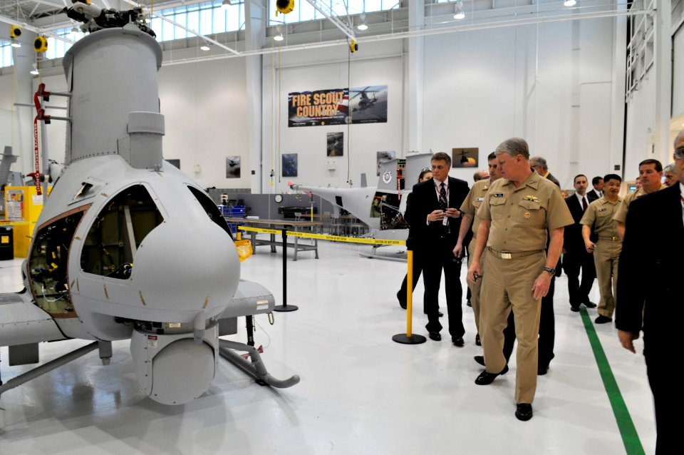 US Navy 090331-N-8273J-430 Chief of Naval Operations (CNO) Adm. Gary Roughead tours the Northrop Grumman MQ-8B Fire Scout Vertical Takeoff and Landing Tactical Unmanned Aerial Vehicle (VTUAV) Facility in Pascugula, Miss