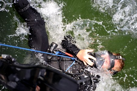 US Navy 090328-N-2383D-098 A Navy diver assigned to the forward-deployed U.S. Navy Explosive Ordnance Disposal Mobile Unit (EODMU) 8, dives into Africa's Lake Victoria as part of a search and recovery operation photo