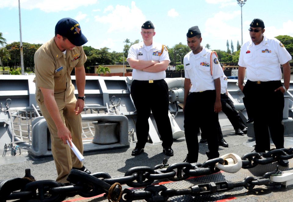 US Navy 090402-N-3666S-076 Ens. Chris Engdahl explains details about the anchor chain to Navy Junior ROTC cadets from Druid Hills High School in Atlanta