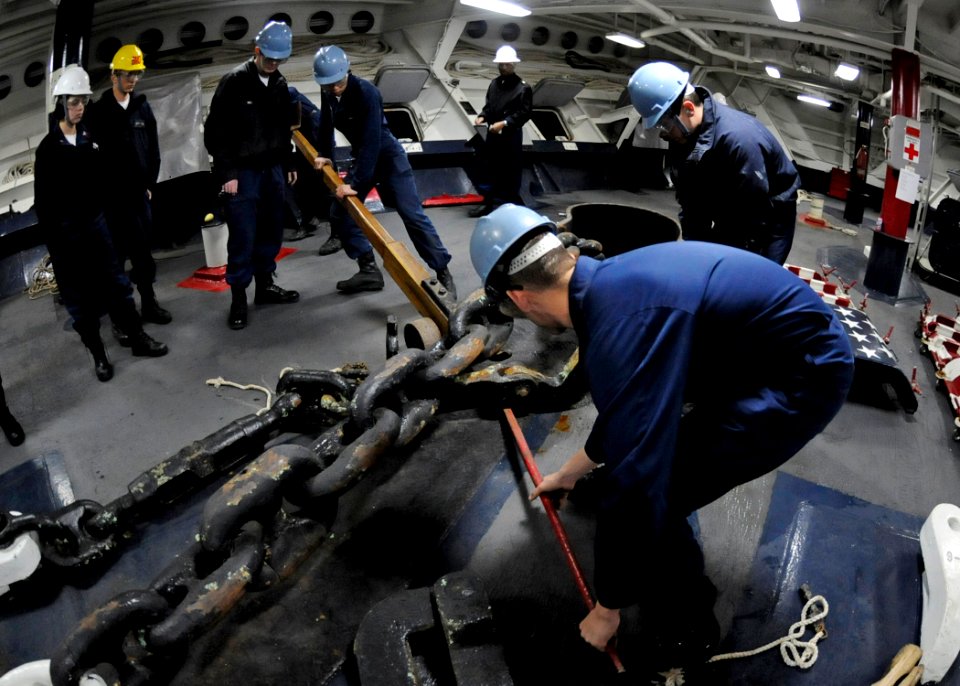 US Navy 090402-N-7478G-232 Sailors aboard the amphibious command ship USS Blue Ridge (LCC 19) unhook the chain stopper from the anchor chain before dropping anchor in Tokyo Bay