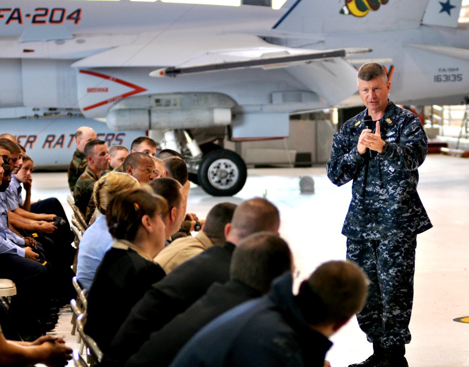 US Navy 090401-N-9712C-001 Master Chief Petty Officer of the Navy (MCPON) Rick West speaks with Sailors at Naval Air Station Joint Reserve Base New Orleans