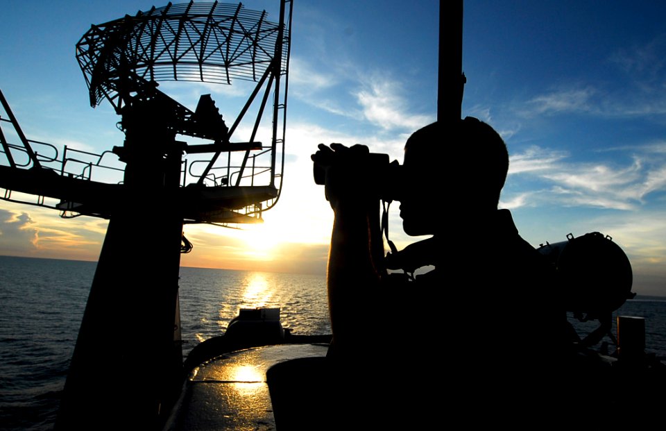 US Navy 090408-N-6538W-132 Seaman Anthony Fortunate, from Las Vegas, stands port forward lookout watch aboard the aircraft carrier USS John C. Stennis (CVN 74). Stennis is on a scheduled six-month deployment to the western Paci