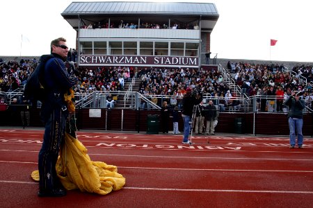 US Navy 090407-N-5366K-005 Chief Special Warfare Boat Operator J.C. Ledbetter, assigned to the Navy demonstration parachute team the Leap Frogs, speaks to students at Abington High School photo