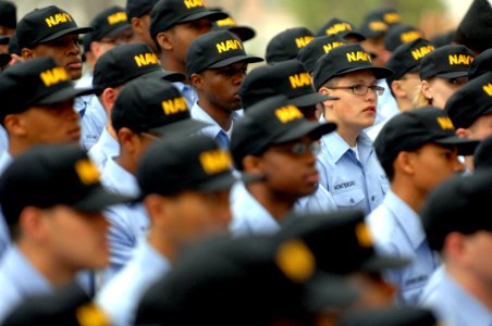 US Navy 090402-N-9818V-011 Students attending Naval Technical Training Center at Naval Air Station Meridian listen to Master Chief Petty Officer of the Navy (MCPON) Rick West during an all hands call photo