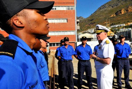 US Navy 090407-N-8273J-312 Chief of Naval Operations (CNO) Adm. Gary Roughead, right, speaks with Sailors assigned to the South African Navy submarine SAS Queen Modjadji photo