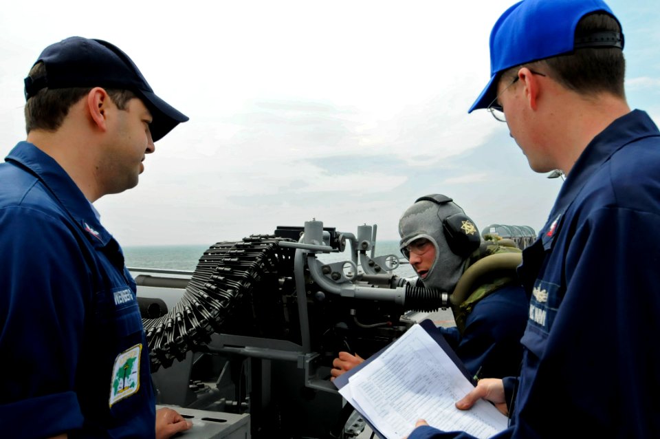 US Navy 090408-N-7478G-081 A member of Afloat Training Group West Pacific (ATGWP) and a member of the Combat System Training Team of the amphibious command ship USS Blue Ridge (LCC 19) observe how Gunner's Mate 3rd Class James