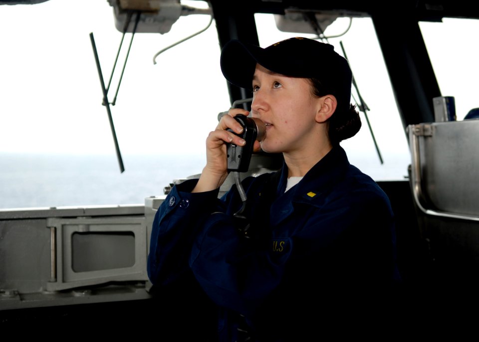 US Navy 090409-N-9520G-003 Ensign Sian Stimpert, from Mitchellville, Md. watches the rudder indicator as she stands watch aboard the amphibious assault ship USS Essex (LHD 2) as the ship repositions for wind factors