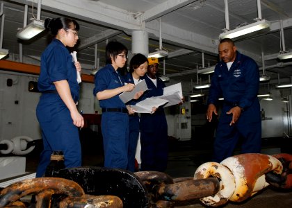 US Navy 090411-N-9520G-007 Boatswain's Mate 1st Class Anthony Reed, from Alexandria, La., conducts the deck department portion of Enlisted Surface Warfare Specialist (ESWS) training for Sailors
