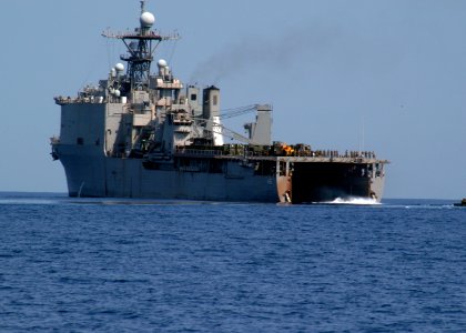 US Navy 090414-N-6692A-026 he amphibious dock landing ship USS Tortuga (LSD 46) deploys amphibious assault vehicles from the 31st Marine Expeditionary Unit (31st MEU) for a landing at Gray Beach, Philippines during Balikatan 20