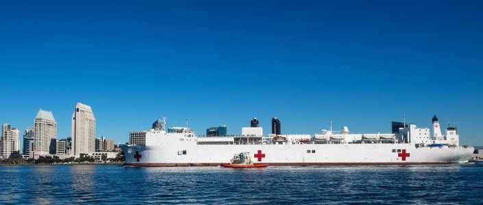 USNS Mercy departs San Diego. (16221570561)